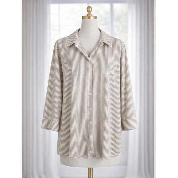 Chico's Tops - Chicos No Iron Button Up Top 3/4 Sleeve‎ Tan White Striped Cotton Stretch 3 XL